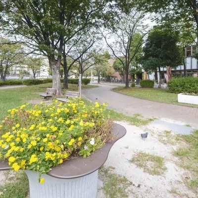 竹北公園の整備された歩道。車イスに乗ったまま間近で花を楽しめるインクルーシブ公園