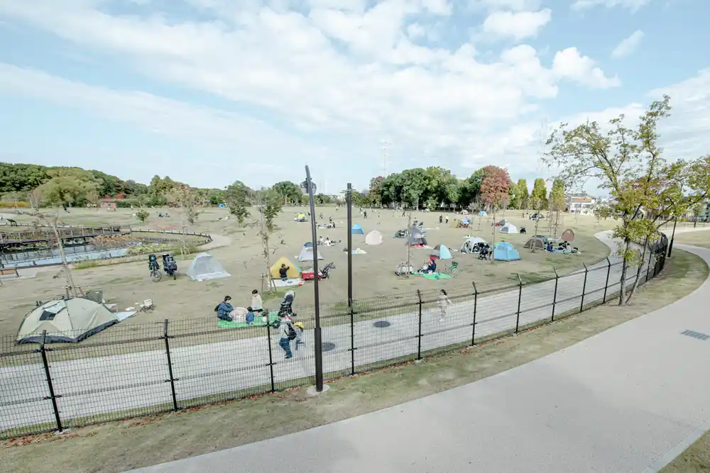 冒険の丘の隣にある芝生広場でテントを張る（舎人公園）