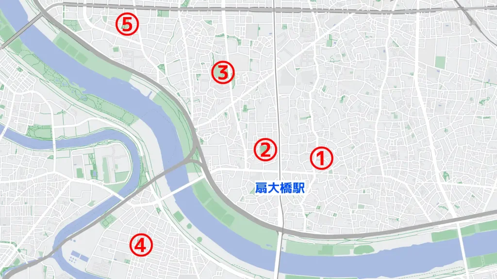 扇大橋駅周辺で子供を遊ばせるのにおすすめの公園map