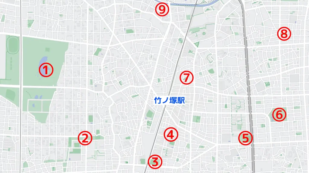 竹ノ塚駅周辺で子供を遊ばせるのにおすすめの公園map