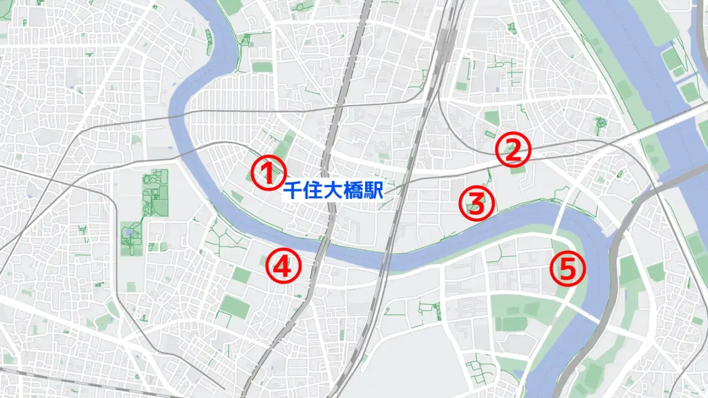 千住大橋駅周辺で子供を遊ばせるのにおすすめの公園の地図