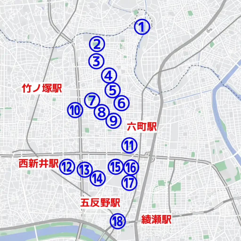 【足立区中央の東エリア】子供が遊べるおすすめの公園の地図